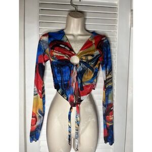 Pretty Little Thing Mesh Top Graphic Print Long Sleeve Crop Top Festival  2 NWT
